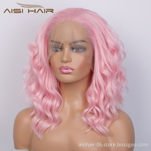 Aisi Hair Medium Long Wavy Pink Synthetic Wig Cosplay Body Wave Swiss Lace Wig Synthetic Lace Front Hair Wigs For Black Women